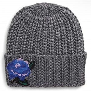 Free People Hat Wool Blend Gray Knit Beanie Blue Flower Patch Holidays Christmas